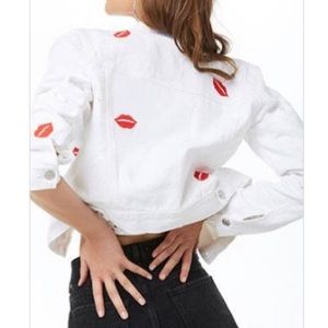 NWT Forever 21 Red Lips White Denim Jacket